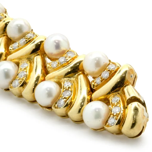 18 Karat Yellow Gold Akoya Pearl and Diamond Ornate Collar Necklace