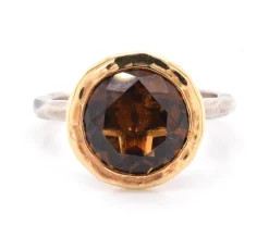 18 Karat Yellow Gold and Sterling Silver Cognac Quartz Ring