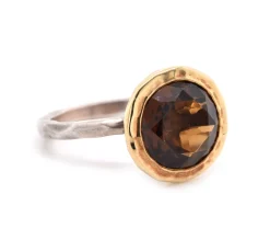 18 Karat Yellow Gold and Sterling Silver Cognac Quartz Ring