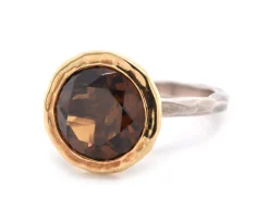 18 Karat Yellow Gold and Sterling Silver Cognac Quartz Ring