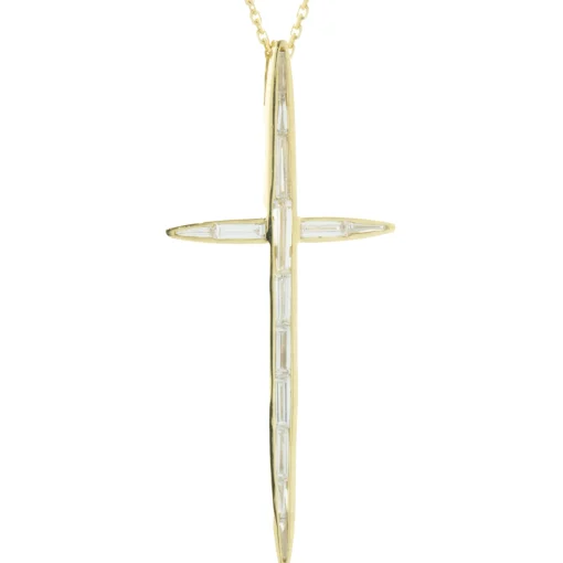 14 Karat Yellow Gold Bezel Set Baguette Cut Diamond Cross Necklace