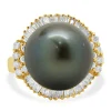 14 Karat Yellow Gold Black Pearl and Diamond Cocktail Ring