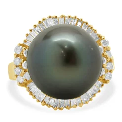 14 Karat Yellow Gold Black Pearl and Diamond Cocktail Ring