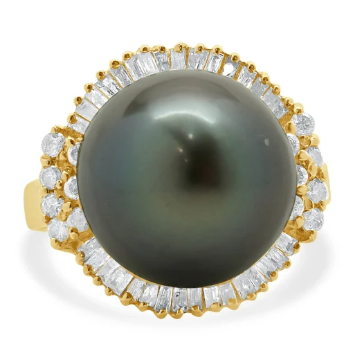 14 Karat Yellow Gold Black Pearl and Diamond Cocktail Ring