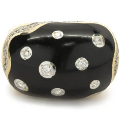 14 Karat Yellow Gold Black Enamel and Diamond Cocktail Ring