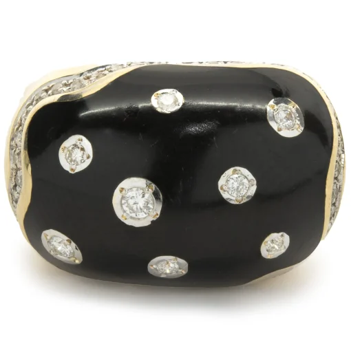 14 Karat Yellow Gold Black Enamel and Diamond Cocktail Ring