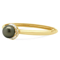14 Karat Yellow Gold Black Pearl and Diamond Halo Bangle Bracelet