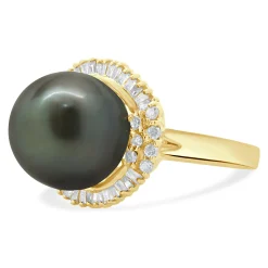 14 Karat Yellow Gold Black Pearl and Diamond Cocktail Ring