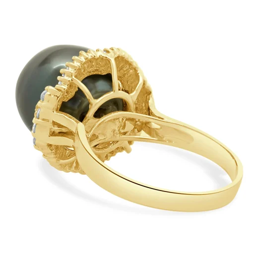 14 Karat Yellow Gold Black Pearl and Diamond Cocktail Ring