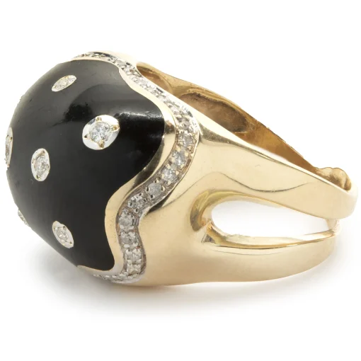 14 Karat Yellow Gold Black Enamel and Diamond Cocktail Ring