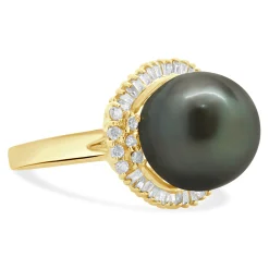 14 Karat Yellow Gold Black Pearl and Diamond Cocktail Ring