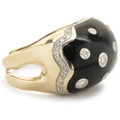 14 Karat Yellow Gold Black Enamel and Diamond Cocktail Ring