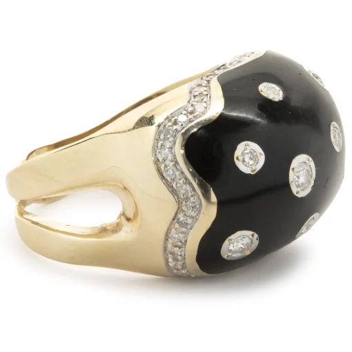 14 Karat Yellow Gold Black Enamel and Diamond Cocktail Ring