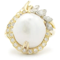 14 Karat Yellow Gold Button Pearl and Diamond Cocktail Ring