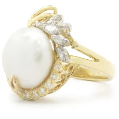 14 Karat Yellow Gold Button Pearl and Diamond Cocktail Ring