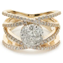 14 Karat Yellow Gold Bypass ring with Pave Diamond Circle Center
