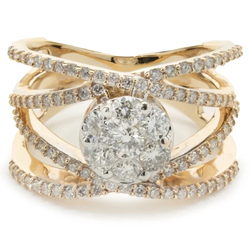 14 Karat Yellow Gold Bypass ring with Pave Diamond Circle Center