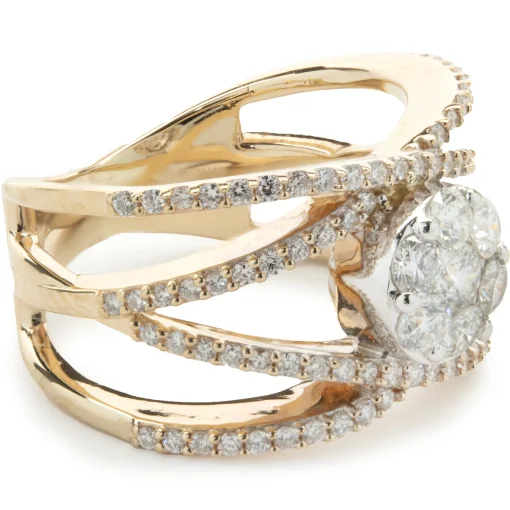14 Karat Yellow Gold Bypass ring with Pave Diamond Circle Center