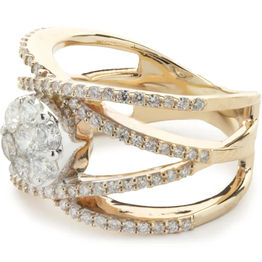 14 Karat Yellow Gold Bypass ring with Pave Diamond Circle Center