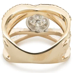 14 Karat Yellow Gold Bypass ring with Pave Diamond Circle Center