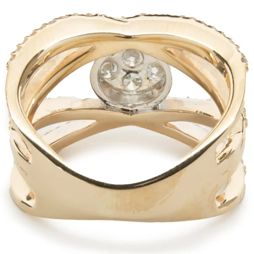 14 Karat Yellow Gold Bypass ring with Pave Diamond Circle Center