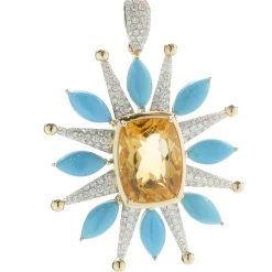 14 Karat Yellow Gold Citrine, Turquoise, and Pave Diamond Celestial Star Pendant