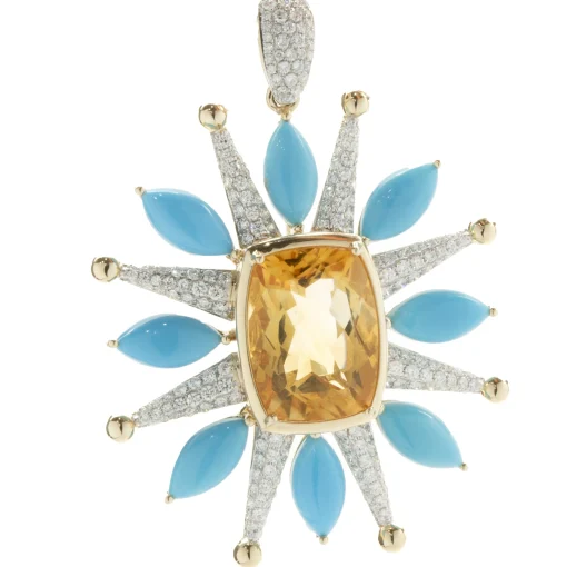 14 Karat Yellow Gold Citrine, Turquoise, and Pave Diamond Celestial Star Pendant