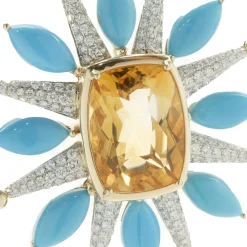 14 Karat Yellow Gold Citrine, Turquoise, and Pave Diamond Celestial Star Pendant