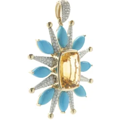 14 Karat Yellow Gold Citrine, Turquoise, and Pave Diamond Celestial Star Pendant