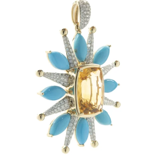 14 Karat Yellow Gold Citrine, Turquoise, and Pave Diamond Celestial Star Pendant