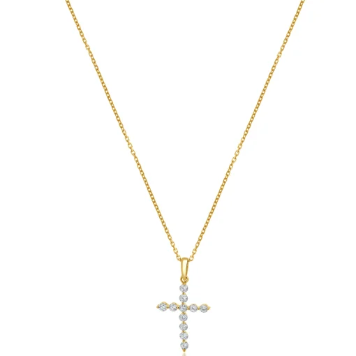 14 Karat Yellow Gold Diamond Cross Necklace