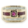 14 Karat Yellow Gold Diamond and Ruby Three Row Signet Style Ring
