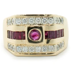 14 Karat Yellow Gold Diamond and Ruby Three Row Signet Style Ring