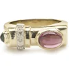 14 Karat Yellow Gold Diamond and Pink / Green Tourmaline Geometric Ring