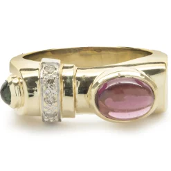 14 Karat Yellow Gold Diamond and Pink / Green Tourmaline Geometric Ring