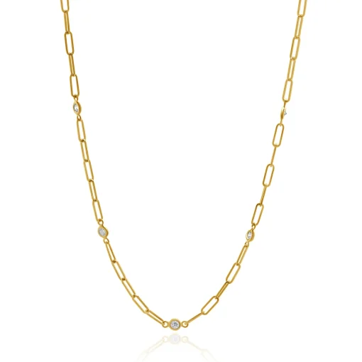 14 Karat Yellow Gold Diamond Paperclip Station Necklace