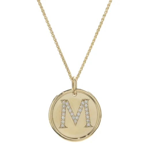 14 Karat Yellow Gold Diamond M Necklace
