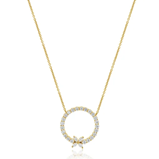14 Karat Yellow Gold Diamond Circle Necklace with Bow