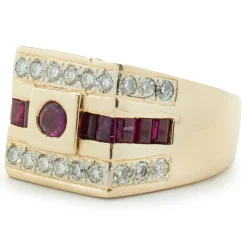 14 Karat Yellow Gold Diamond and Ruby Three Row Signet Style Ring