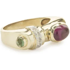 14 Karat Yellow Gold Diamond and Pink / Green Tourmaline Geometric Ring