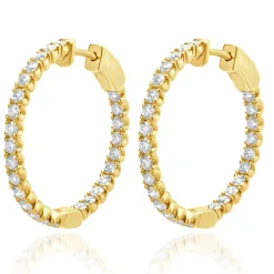 14 Karat Yellow Gold Diamond Inside Outside Hoop Earrings