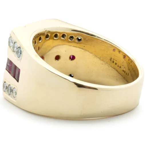 14 Karat Yellow Gold Diamond and Ruby Three Row Signet Style Ring