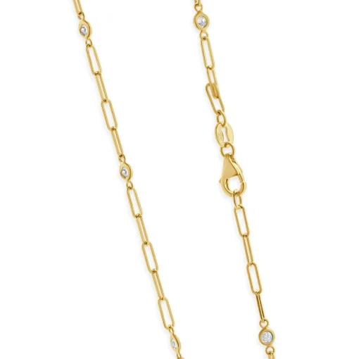 14 Karat Yellow Gold Diamond Paperclip Station Necklace