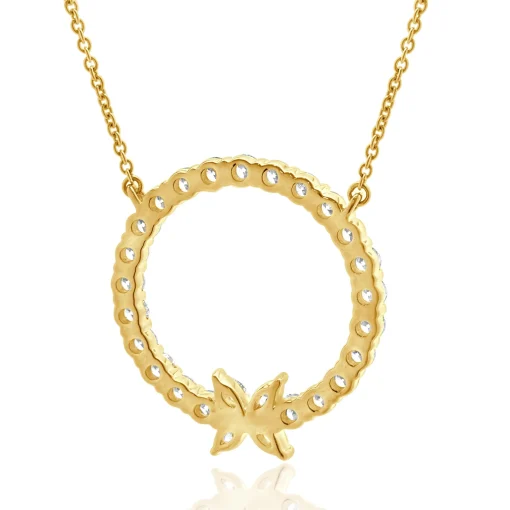 14 Karat Yellow Gold Diamond Circle Necklace with Bow
