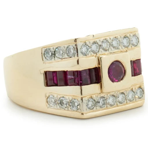14 Karat Yellow Gold Diamond and Ruby Three Row Signet Style Ring