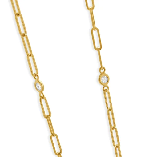 14 Karat Yellow Gold Diamond Paperclip Station Necklace