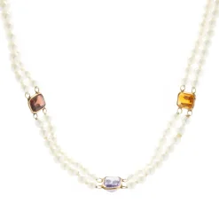 14 Karat Yellow Gold Double Strand Pearl Necklace with Multi Colored Gemstone Stations