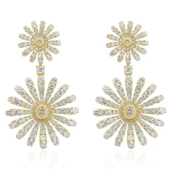 18 Karat Yellow Gold Flower Diamond Drop Earrings
