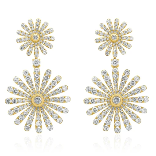 18 Karat Yellow Gold Flower Diamond Drop Earrings