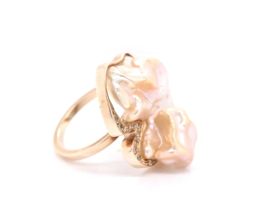 9 Karat Yellow Gold Free Form Mother of Pearl and Diamond Ring